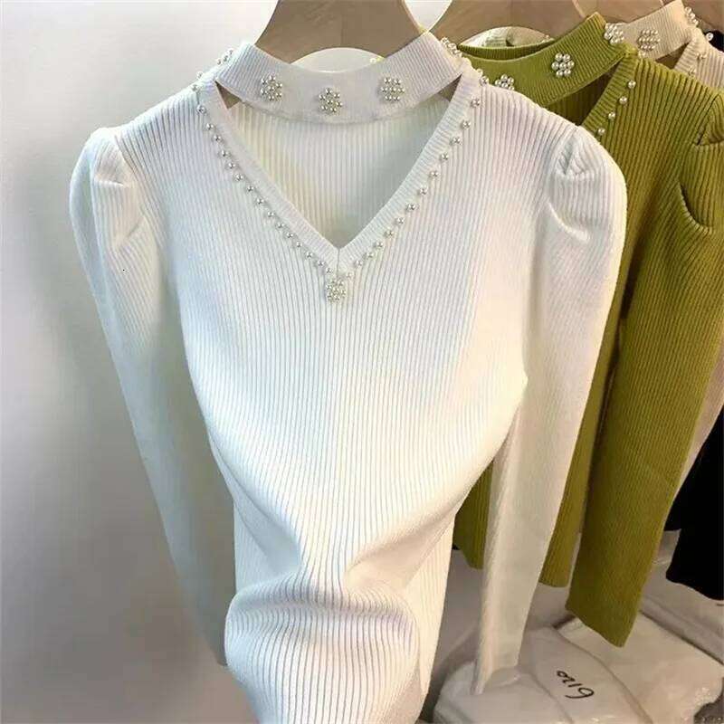 Autumn Winter Women Pullover New Fashion Hollow V-neck Nail Bead Long Sleeved Knitted Sweater Bottoming Shirt Female Top Z260313