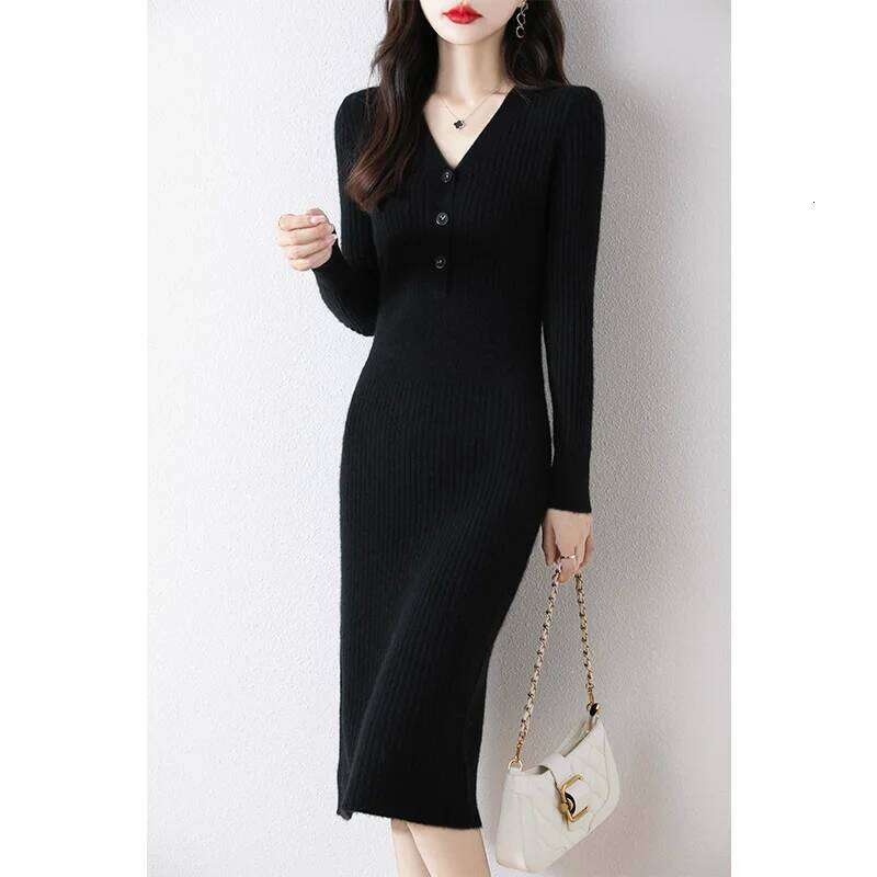 Women 100% Merino Wool Mid-Length Sweater Autumn Winter V-neck with Buttons Pullover Bottoming Knitwear Lady Slim Dress Z260313