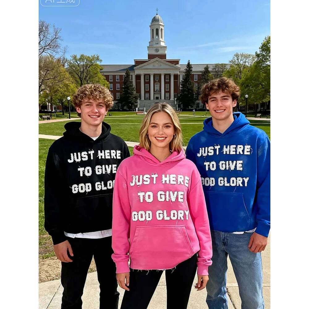 Blue Hoodies for Men Oversize Fall Jacket Letter Embroidery JUST HERE TO GIVE GOD GLORY Street Hip-hop Style Hoodie Unisex Z260315