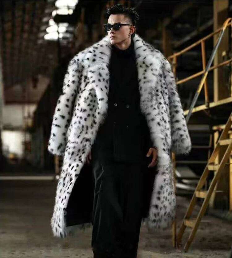New leopard print integrated man long suit collar imitation fox coat trend winter warm fur jacket Z260313