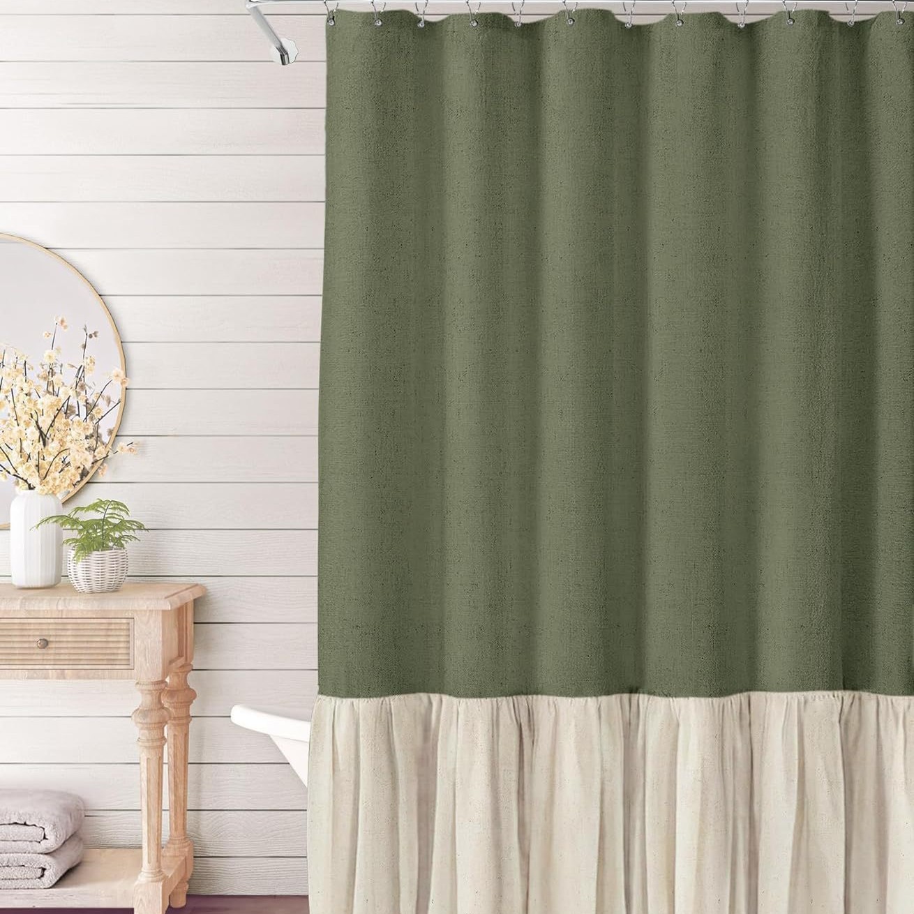 YL-38342 Toilet Partition Curtain with Lace Trim, Plain Color Patchwork Skirt Hem, Cotton Linen Waterproof Ruffle Edge, Linen