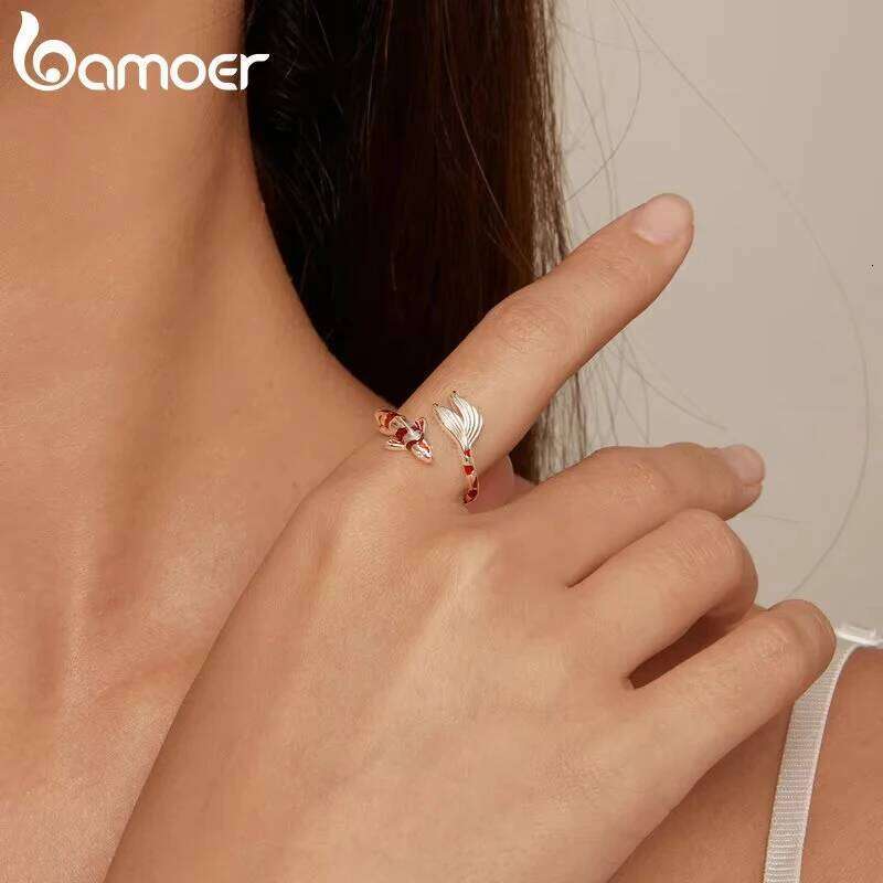 Bamoer 925 Sterling Silver Red Enamel Koi Opening Lucky Fish Tail Adjustable Ring for Women Birthday Gift Fine Jewelry H260312