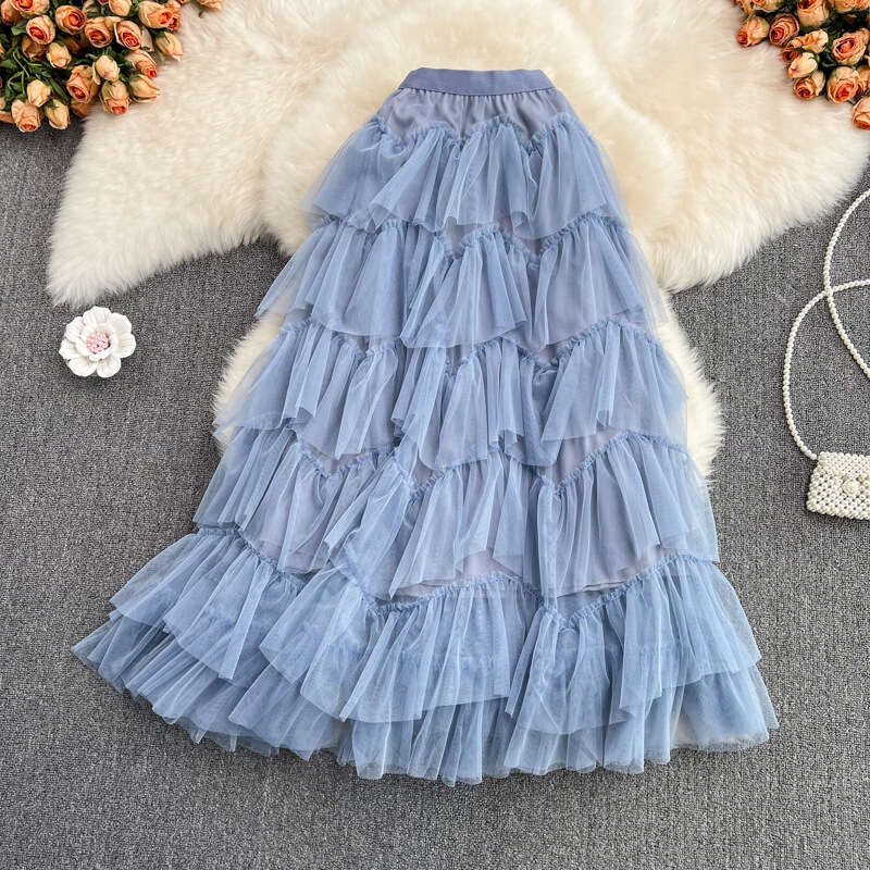 2026 Fashion Mesh Fluffy Cake Medium Long Elegant Elastic Waist Asymmetric a20 Gaul Skirt Fairy Style