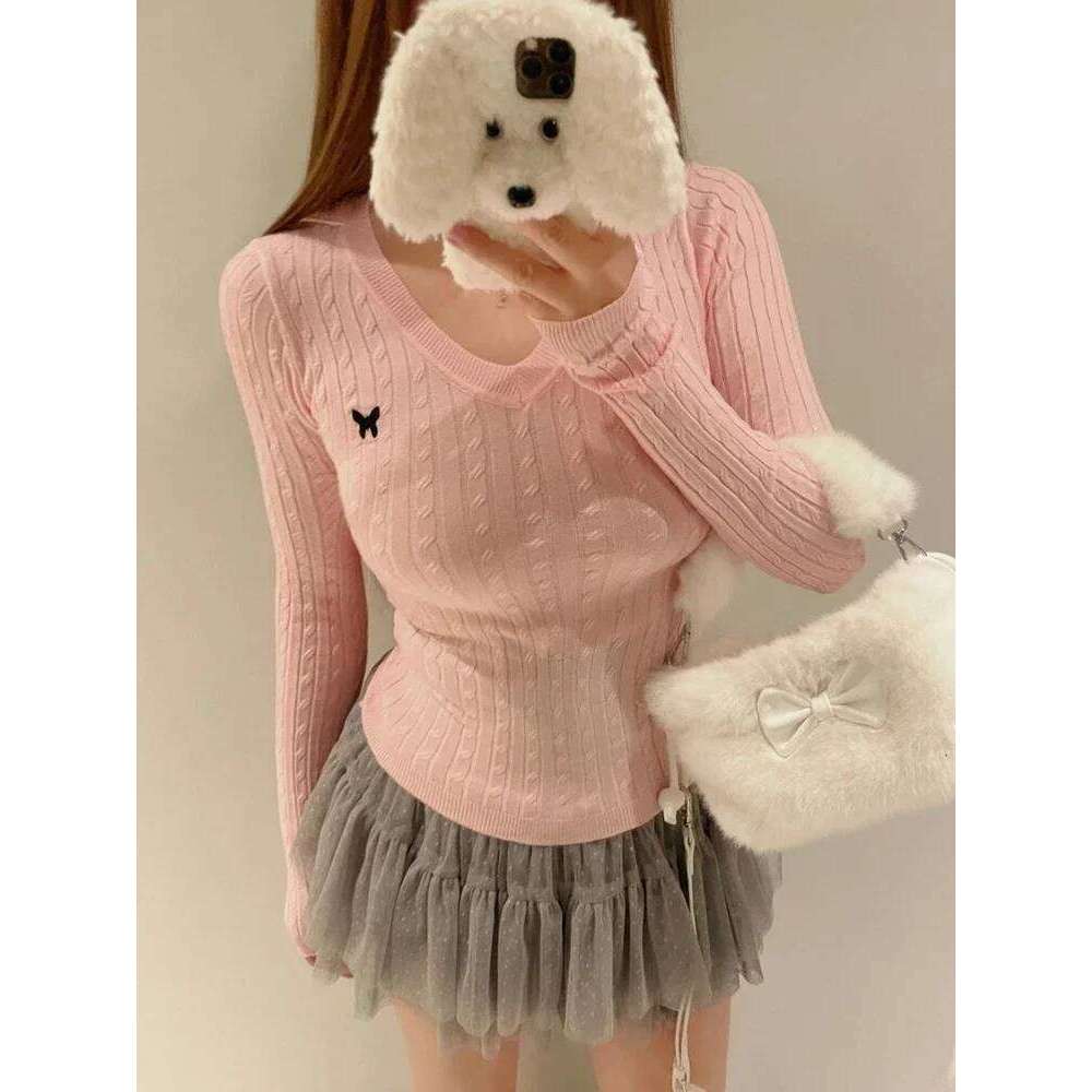 Casual V Neck White Pullovers Women Sweaters Autumn Winter Basic Long Sleeve Y2k Clothes Korean Pink Grey Ladies Tops Jumpers Z260313