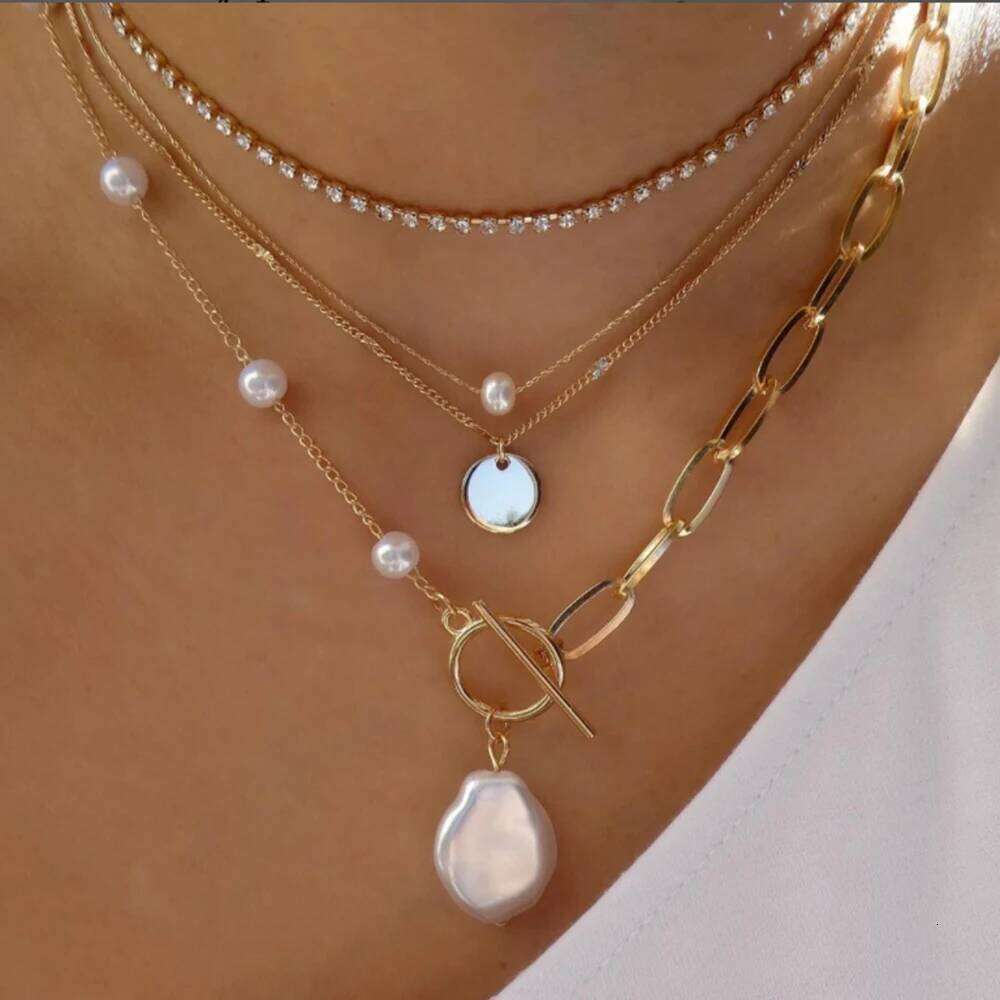 Trendy Gold Color Geometric Beads Crystal Multilayer For Women Vintage Asymmetrical Pearl Choker Necklace Jewelry Gifts H260312