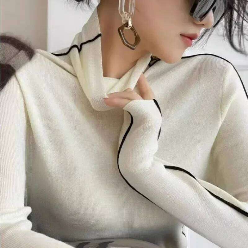 Fashion Turtleneck Pullovers Women 2023 New Autumn and Winter Slim Fit Long Sleeved Top Elegant Office Lady Sweaters Black White Z260313