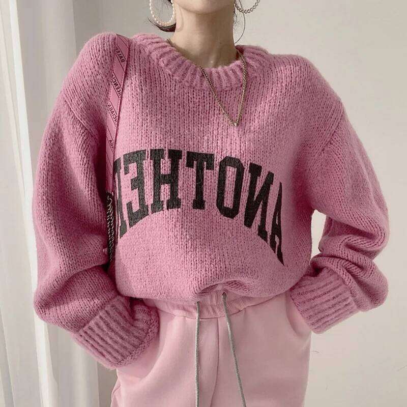 Women Winter Warm Candy Color New Fashion Pullovers Clothes Loose Thicken Sweater Knitted O Neck Letter Print Knitwear Z260313