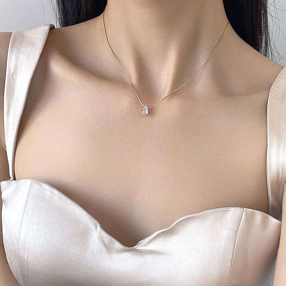 Stainless Steel Shiny Clear Zircon Waterdrop Pendant Necklace for Women Girls Minimalist Choker Chains Party Jewelry Gift New H260312