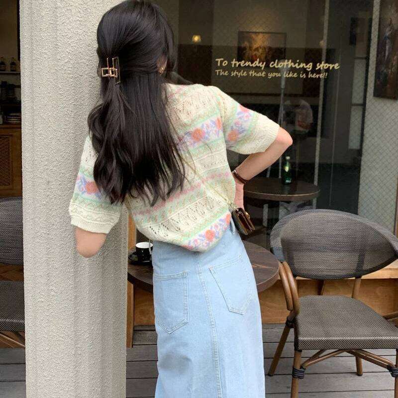 Women Short Sleeve Pullovers Knitting Hollow Out Printed Sweet Girls Soft Slender Korean Style Hipster Teenagers Lovely Popular Z260314