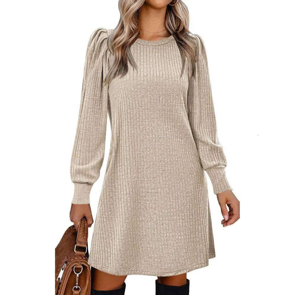 Women's Fall Winter Ribbed - Mock Neck Long Bubble Sleeve Dress for Date Night and Casual Elegance Z260313
