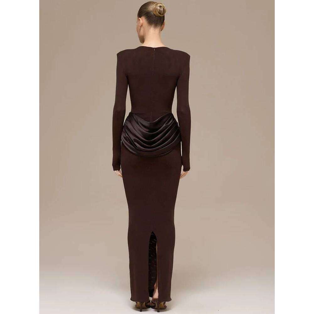JULISSA MO Long Sleeve Round Neck Women Maxi Coffee Patchwork Satin Slit Autumn Winter Slim Elegant Party Club Dress Z260314