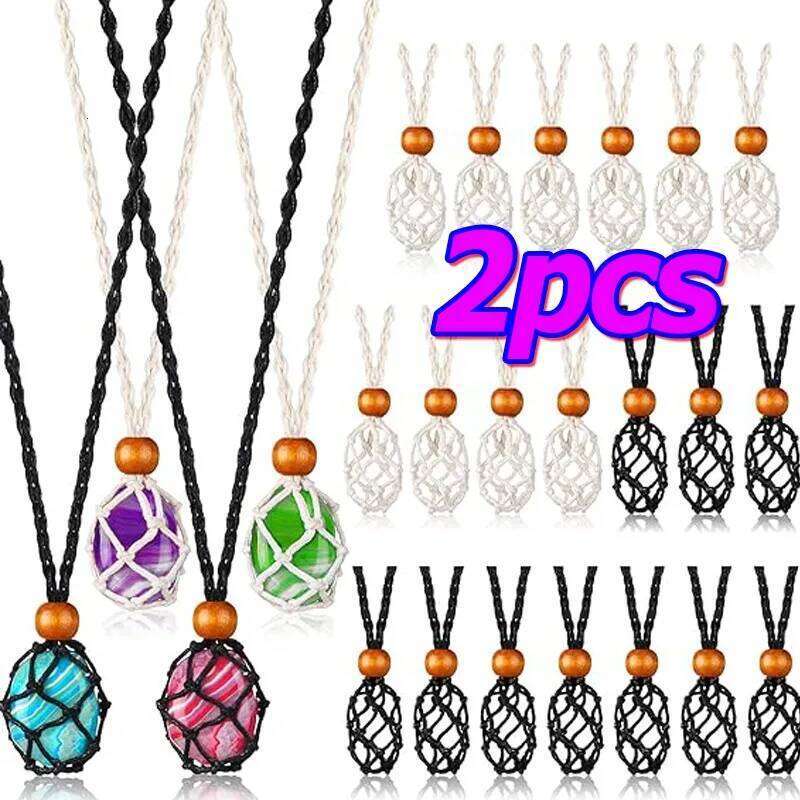 Vintage Necklace Hand Woven Mesh Pocket Cord Empty Stone Holder Quartz Crystals Healing Chakra Point Fish Netted Indians Amulets H260312