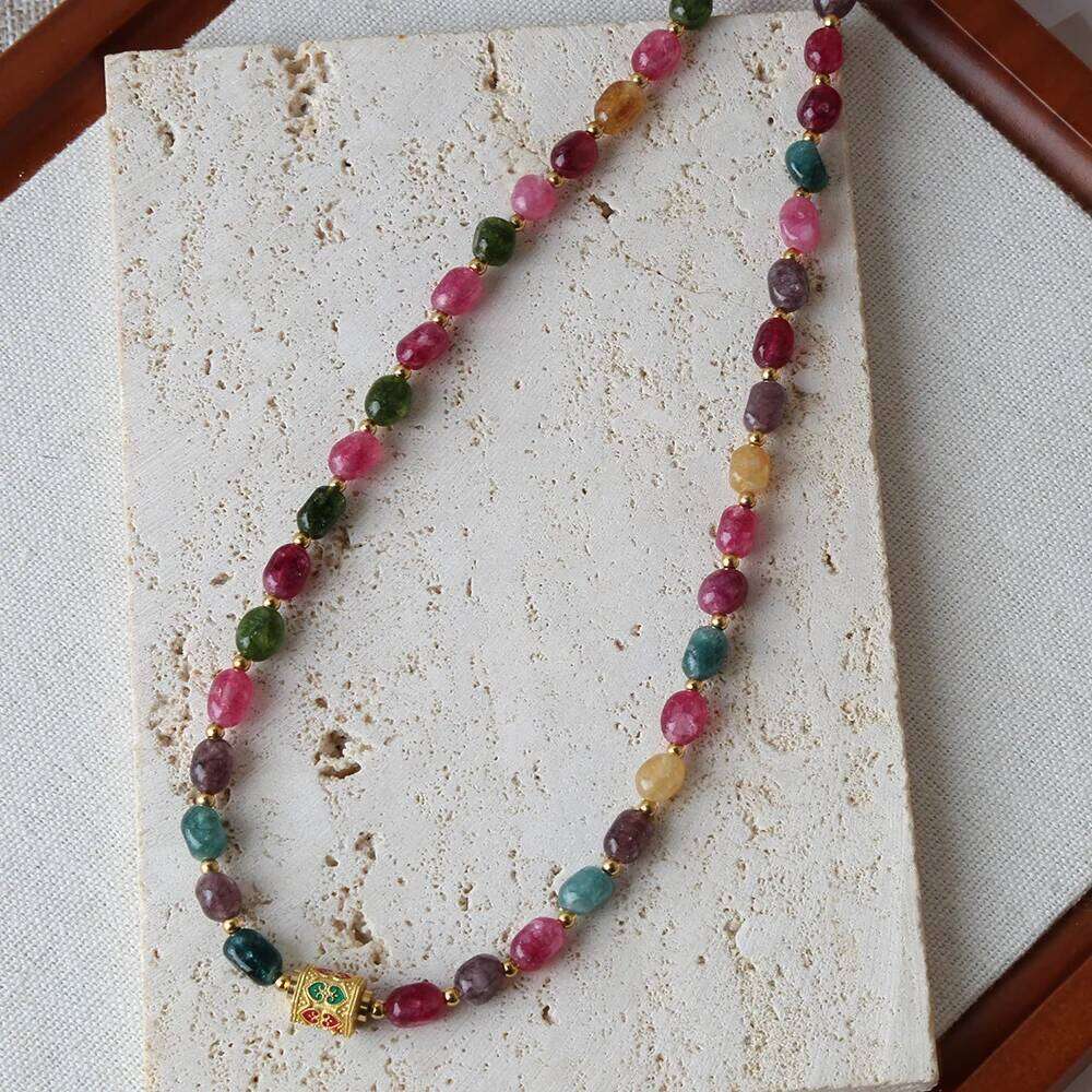 Bohemian Jewelry Natural tourmaline handmade beads Necklace Stainless Steel Tibet Adorned Pendant for Party Gift H260312