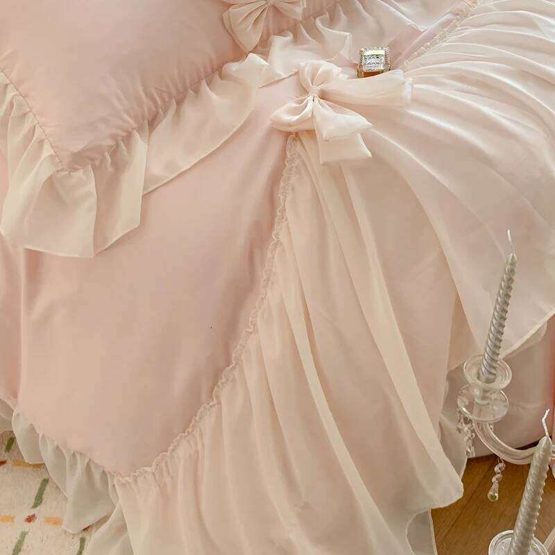 Chiffon Lace Bedding Set Pink France Romantic Princess Wedding Ruffles Bow Soft Duvet Cover Bed Sheet Pillowcases Home Textile H260312 - view 6
