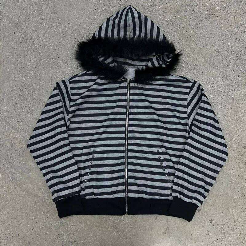 Autumn and Winter High Street Vintage Harajuku Striped Zipper American Fashionable Classic Versatile Sweatshirt emo Z260314