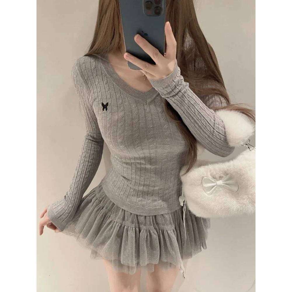 Casual V Neck White Pullovers Women Sweaters Autumn Winter Basic Long Sleeve Y2k Clothes Korean Pink Grey Ladies Tops Jumpers Z260314