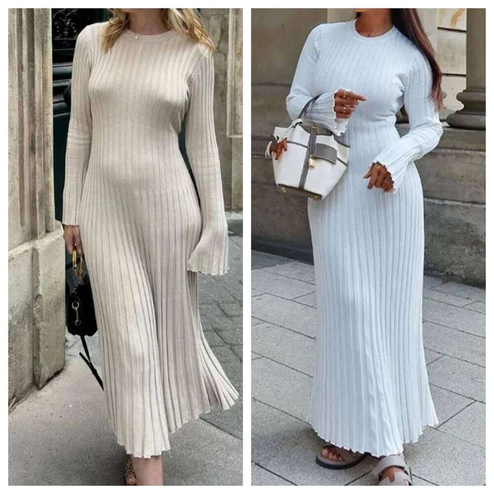 Women Elegant Solid Pleated Knitted Maxi Dress Casual Round Neck Long Sleeve Lace Up Dresses Autumn Lady High Street Robes Z260313