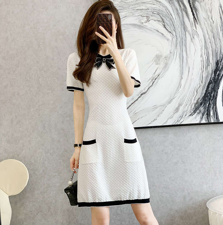 2026 Summer New Women's Knitted Short Sleeve Small Fragrant Style High Waist A-line Slimming Ice Silk Dress