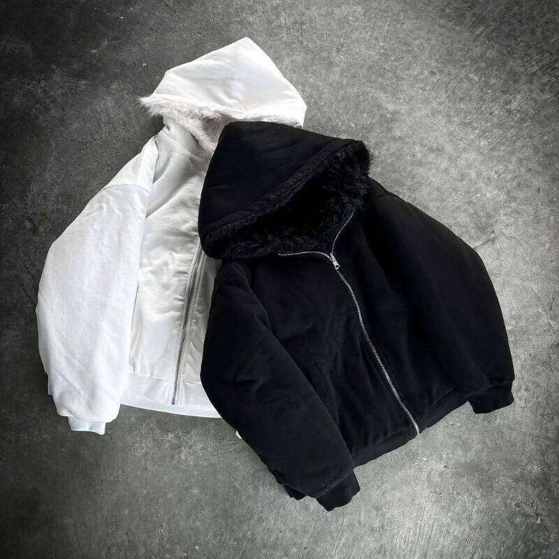 Hooded Fur Jackets Zipper Solid Double-sided Wear Black Short Plush Coats Warm Thick Faux Rabbit Furry Jacket Fluffy Casual Z260313