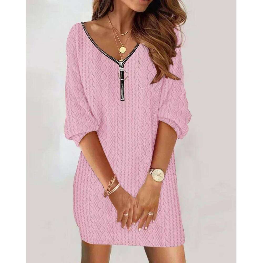 Sexy Zipper Mini Dress Women Winter Autumn V Neck Long Sleeve Dresses Solid Color Casual Basic Robe Z260313