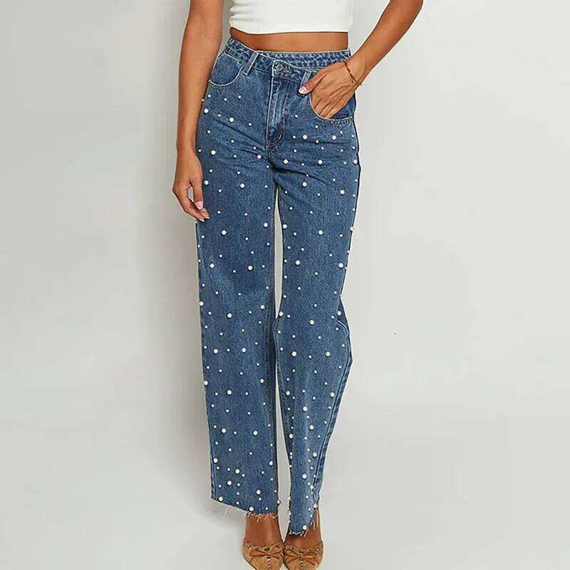 Elegant Pearl Beading Jeans Streetwear Y2K Vintage Denim Baggy Pants Chic Women Clothing Fashion 2025 Z260313