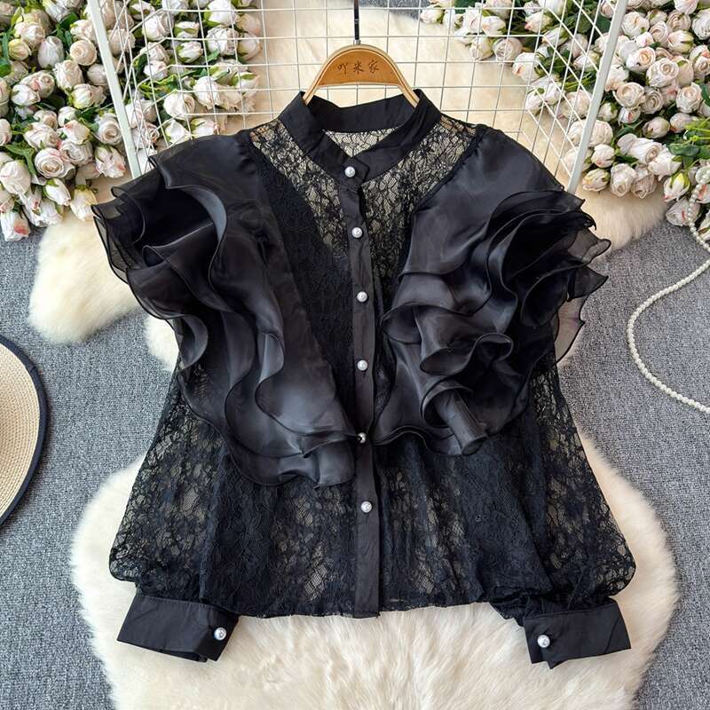 Spring and Autumn New Designer Lightweight Luxury Fairy Pink Ruffle Palace Noble A13 Style Lace Shirt