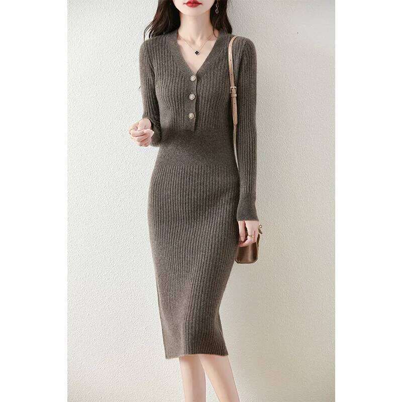 Women 100% Merino Wool Mid-Length Sweater Autumn Winter V-neck with Buttons Pullover Bottoming Knitwear Lady Slim Dress Z260313