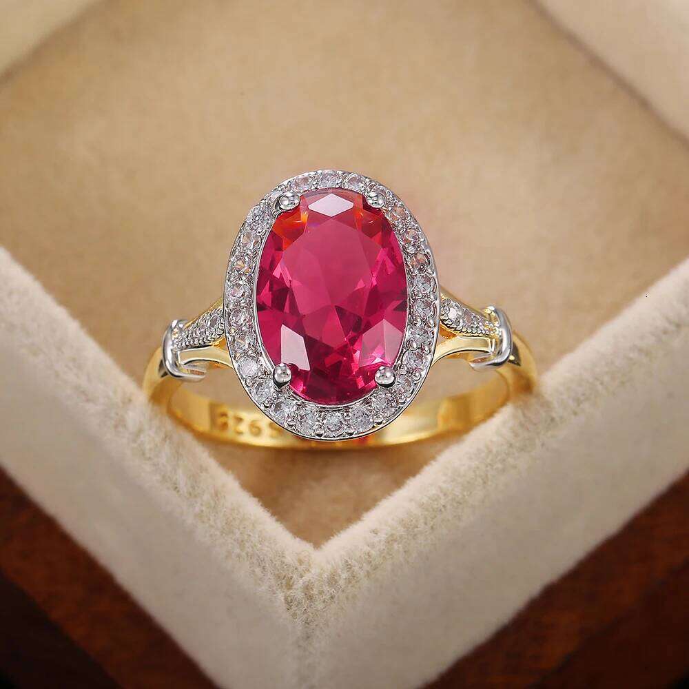 Huitan Big Oval Shaped Rose Red Cubic Zirconia Women Ladies Jewelry for Party Best Mother's Gift Brilliant CZ Rings H260312