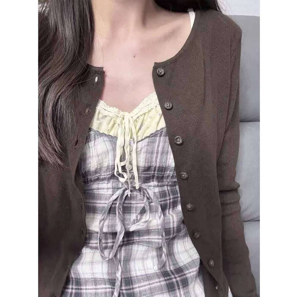 Brown Eyelet Knitted Cardigan Women Autumn New Casual Cotton Long Sleeve Sweater Coat Female Vintage Simple Basic Sweaters Tops Z260313