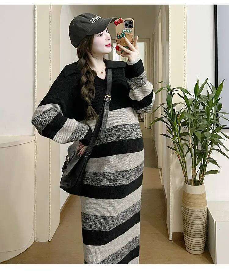 Striped Knit Dress For Women Long Sleeve Polo Neck Loose Fit Mid Calf Length Casual Style Autumn Winter Wear Z260313