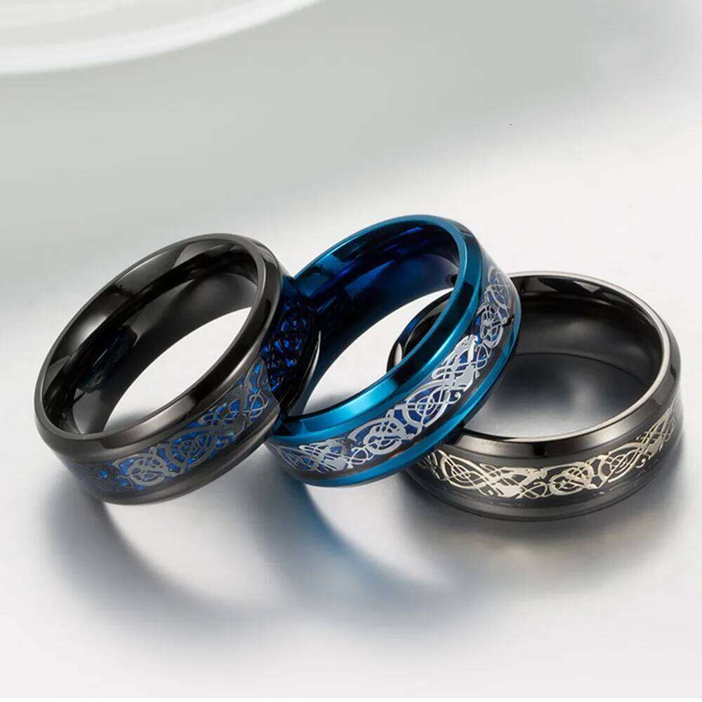 Punk Viking Dragon Black Tungsten Wedding Set For Men Stainless Steel Inlaid Blue Carbon Fiber Band Ring Bague Homme H260312