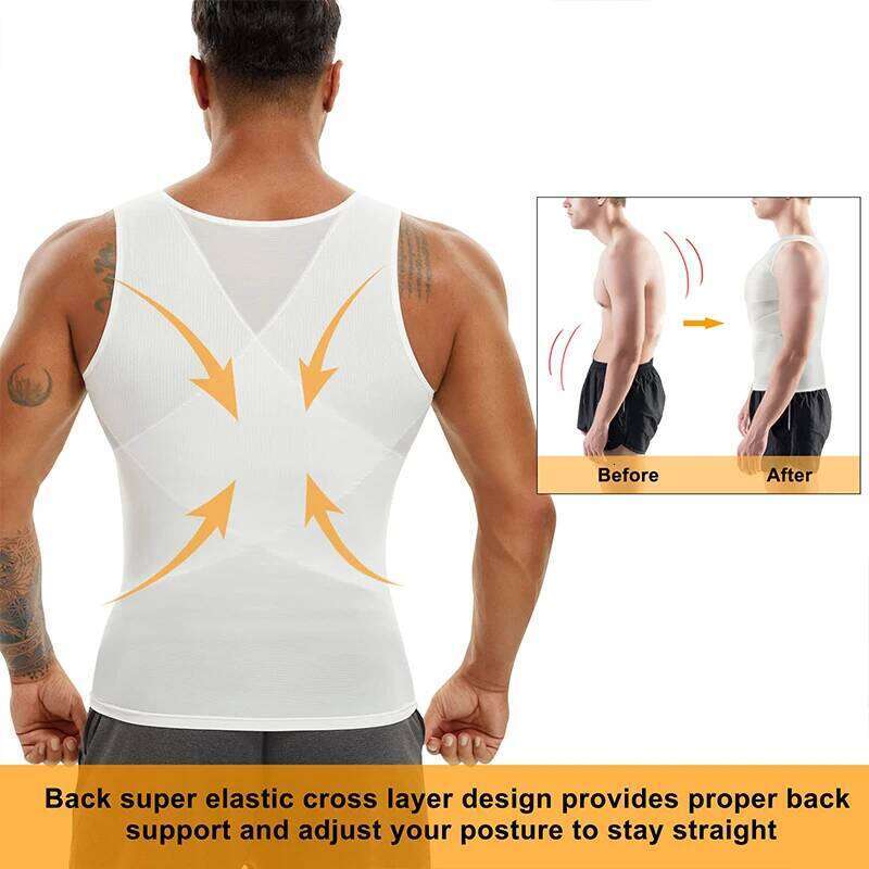 Compression Shirt for Men Slimming Undershirt Body Shaper Tank Top Gynomastica Sleeveless Shapewear Vest Mesh Cross Suit 3XL 26Y0313