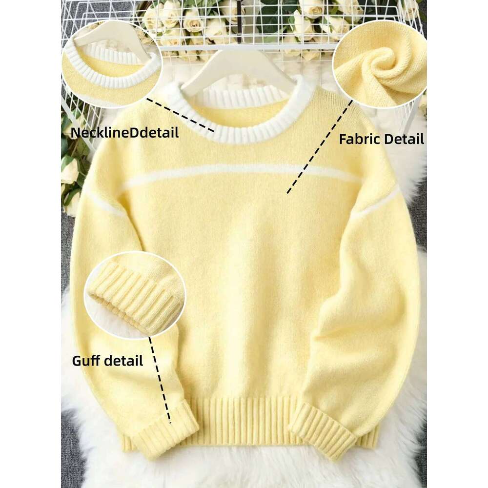 Simple Contrast Color Pullover Sweater Fashion Women's Tops-Hot Wool Soft Knit Long Sleeve Beautiful Ladies W Z260313