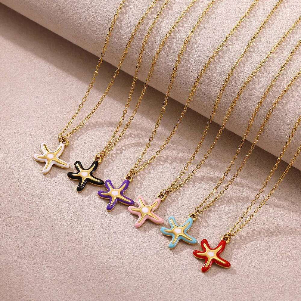 Cute Women Starfish Necklace 18 K Gold Color Charm Beach Tropical Fashion Waterproof Stainless Steel Drip Oil Jewelry Christmas H260312