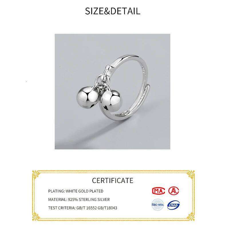 925 Sterling Silver Rings Women trendy 2 bells fine Jewelry Beautiful Finger Open Ring For Party Birthday Gift H260312