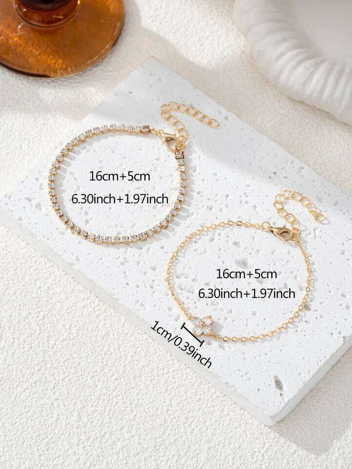 2pcs Simple Cubic Zirconia Flower Water Chain Women's Bracelet Set Daily Office Jewelry Z260313