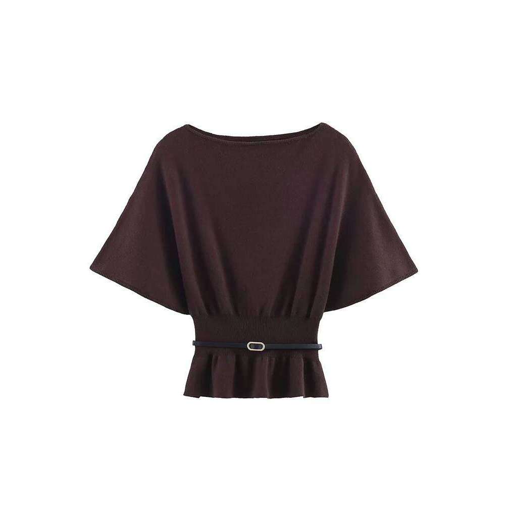 TFMLN Woman Autumn Fashion Pullovers Slash Collar Tierred Hem Design Belt Knitted Sweaters Casual Solid Short Sleeve Knitwear Z260313