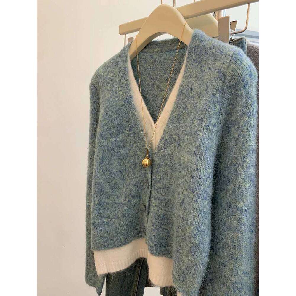 Zjaiss Women Lazy Style False Two-piece Cardigan 2026 Korean Elegant V-Neck Knitted Sweater Chic Spring Autumn Casual Grey Top Z260313