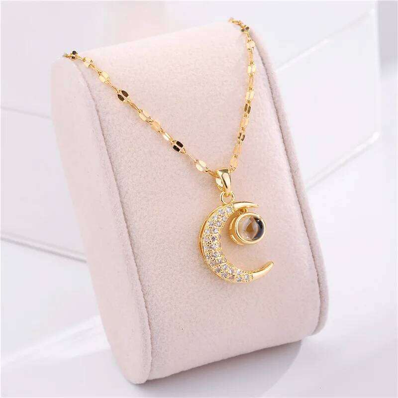 DIEYURO 316L Stainless Steel Moon Projection Pendant Necklace For Women Rhinestone Clavicle Chain Girls Jewelry Gift H260312