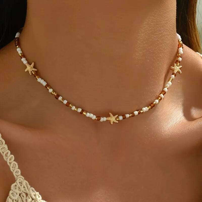 Bohemian Starfish Glass Rice Beads Colar Colares Choker Necklaces Joyas De Mujer Summer Ocean Vacation H260312