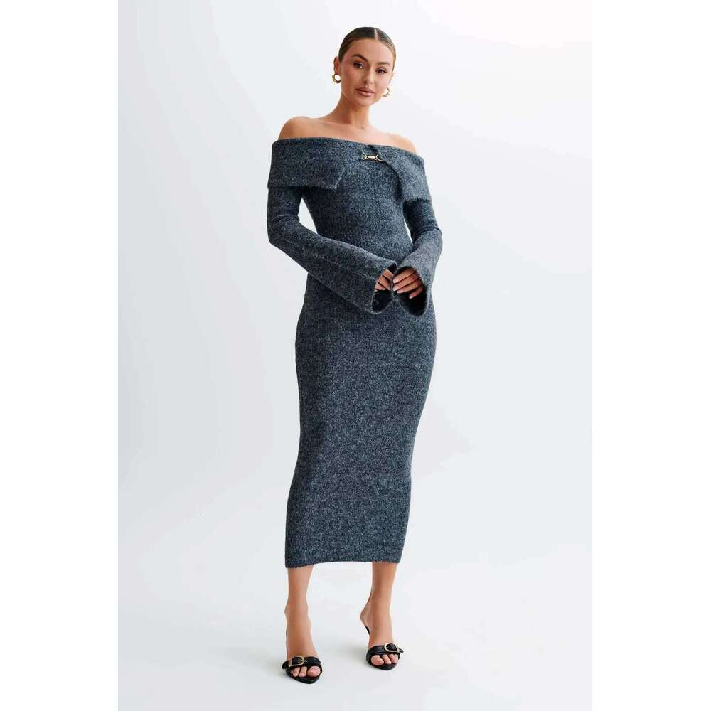 Women Knitting 2025 Autumn Knit Sweater Women's Off The Shoulder Bodycon Long Sleeve Slim Fit Midi Dress Z260314