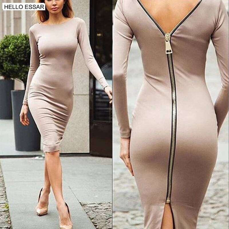 Spring new large size Bodycon Solid Color Round neck long sleeve Back zipper tight dress Female Fashion Clothes Z260314
