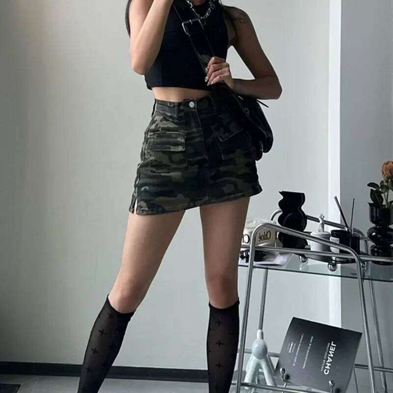 Street Split Denim Woman 2025 Summer with Pockets Camouflage Cargo Skirt Women American Retro High Waist Mini Skirts Z260314