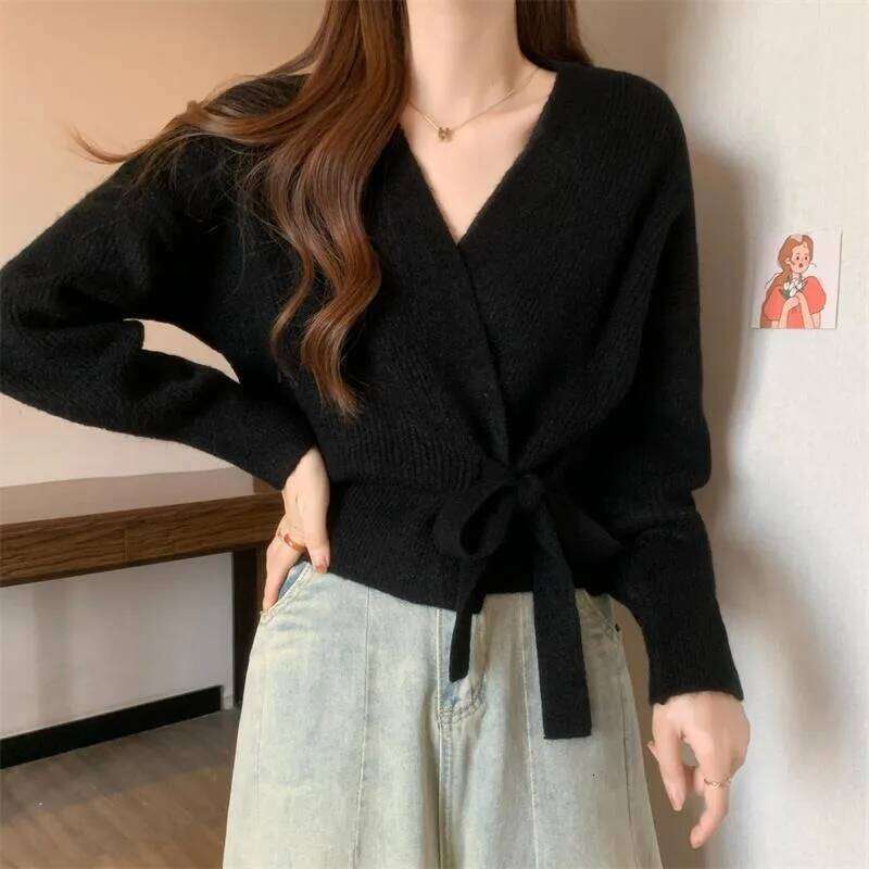Cross Irregular Tie Up Waist Slimming Sweater Cardigan Women's Spring Autumn Winter Unique Loose Knitted Shirt Z260313