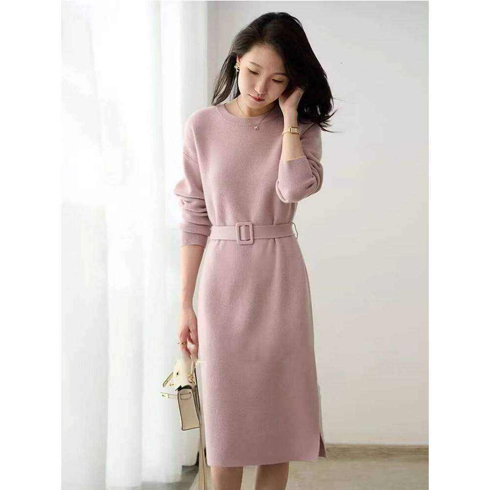 Autumn Winter Knitted 2023 O-Neck Long Sleeve Party Midi Dress for Women Elegant Pink Gray A-line Sweater Dresses Ladies Z260313
