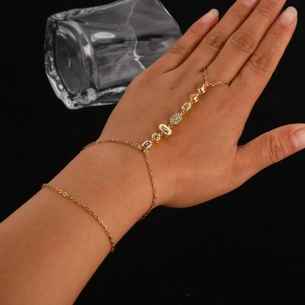 Fashion Sparkly Colored Rhinestones Gold Color Stainless Steel Finger Connect Bracelet Hand Back Chain for Women Jewelry 260313