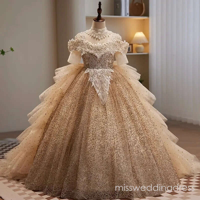Luxurious Tutu Flower Girl Dresses Gold Crystals Pearls Necklace Lace Beaded Tiers Tulle Lilttle Kids Birthday Pageant Multilayer Sweep Train Weddding