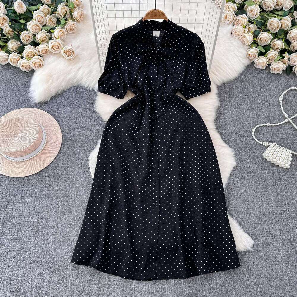French classic polka dot short sleeved women's 2026 summer new multifunctional mid length A-line skirt suitable for commuting