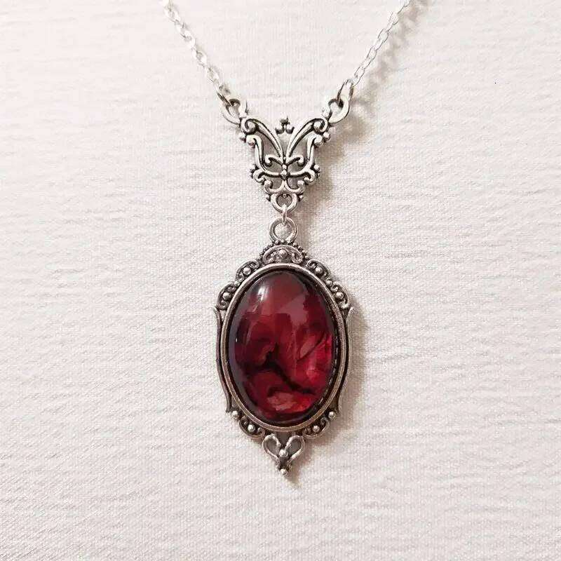 Gothic Blood Red Quartz Charm Oval Pendant Necklace For Women Halloween Vampire Embossed Witch Jewelry Vintage Chokers H260312