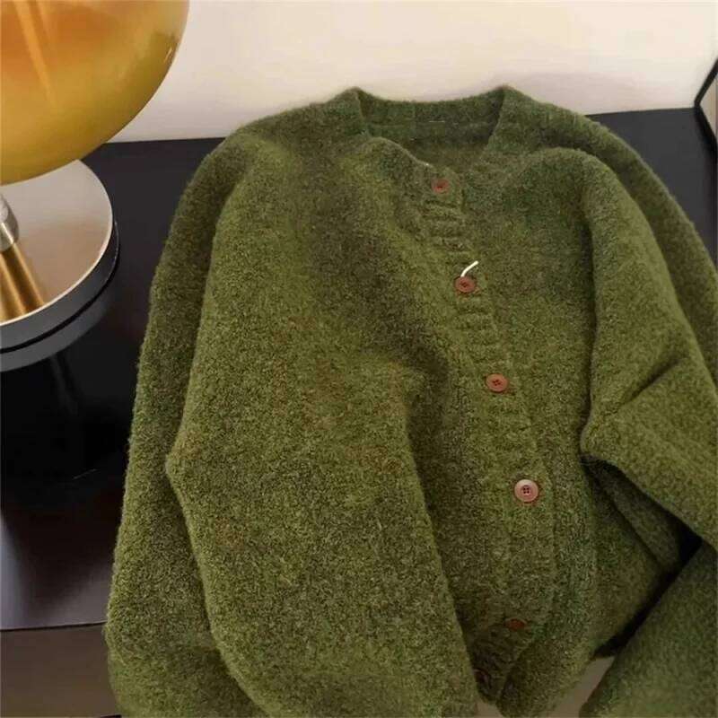 Retro Green Knitted Cardigan Women's New Autumn Winter Round Neck Single Breasted Soft Thick Sweater Loose Casual Basic Coat Z260314